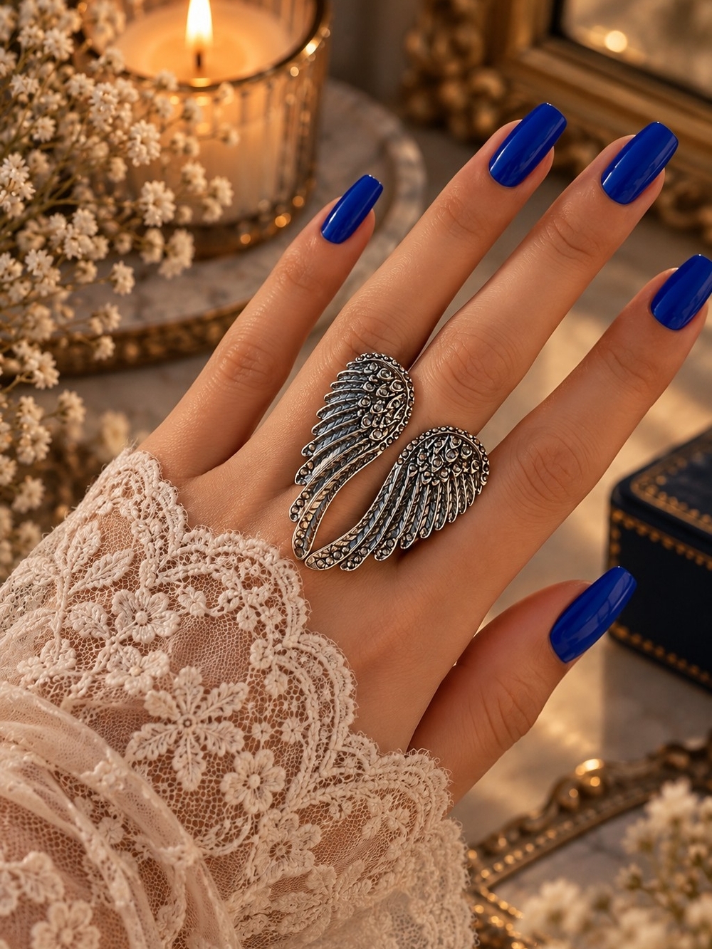 Angel Wing Double Band Ring - Silver Wing Statement Ring